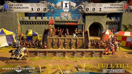 Warhammer The Old World Full Tile battle report - two knights face off in the lists at a jousting contest, while nobility observes