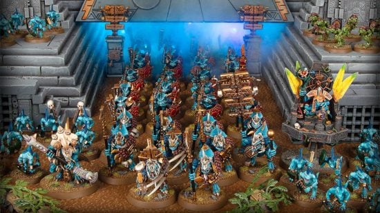 Warhammer the Old World Lizardmen Saurus warriors advance from the belly of a huge temple