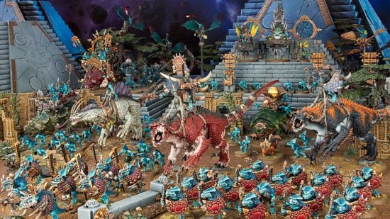 Warhammer the Old World Lizardmen army, masses of bulky Saurus Warriors, huge dinosaurs, and magic-wielding toadlike Slann