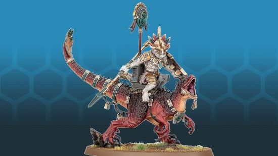 Warhammer the Old World Lizardmen Saurus Scar Veteran riding a Cold One, a muscular lizardman warrior riding a deinonycous-like theropod