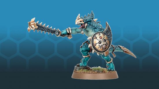 Warhammer the Old World Lizardmen Saurus Warrior, a muscular teal lizardman wielding a bronze shield and carrying an obsidian macuahuitl