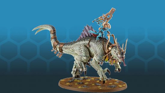 Warhammer the Old World Lizardmen Trogladon, a large therapod dinosaur with a forked tale and a forked tongue, a small back fan, ridden by a slender Skink lizardman priest