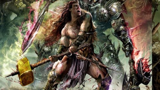 Warhammer the Old World Empire art by Jon Sullivan, of the barbarian Sigmar wielding a hammer against a looming Chaos warrior