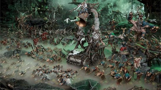 Warhammer the Old World Skaven army - a horde of ratmen advance, dragging a huge bell on a wooden platform
