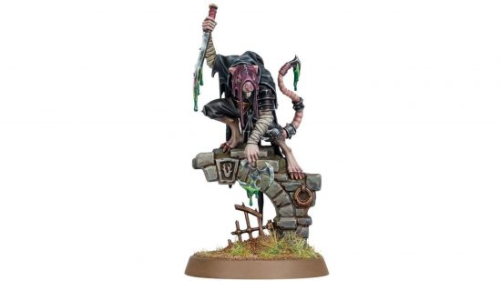 Warhammer the Old World Skaven clan Eshin master assassin - a ratman ninja, perched on a ruin