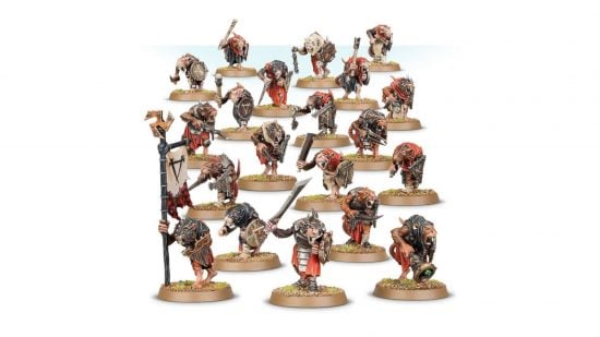 Warhammer the Old World Skaven clanrats - a unit of twenty ratman, in tattered robes, wielding hand weapons and shields