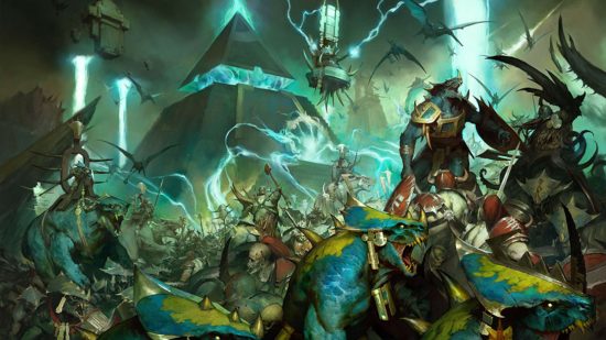 Warhammer the Old World Lizardmen battle the forces of Chaos in the shadow of huge, arcane pyramids