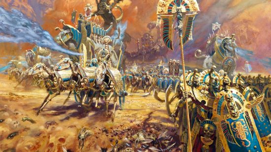Warhammer Tomb Kings The Old World guide - Games Workshop image showing a huge Tomb Kings army on the march, with a banner bearer and skeleton chariots up front