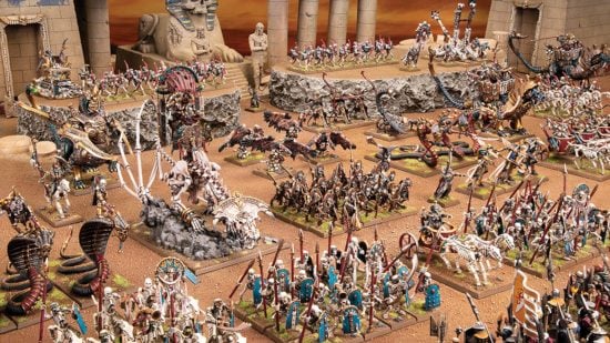 Warhammer Tomb Kings The Old World guide - Games Workshop image showing a large tabletop Tomb Kings army with varied units