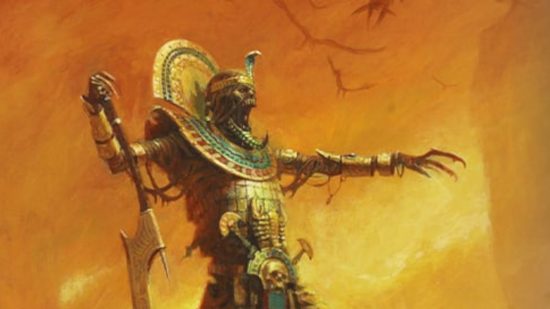 Warhammer Tomb Kings The Old World guide - Games Workshop image showing a moldering Tomb King commanding his troops, with Carrion flying behind