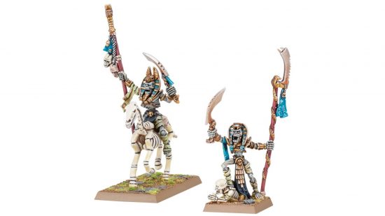 Warhammer Tomb Kings The Old World guide - Games Workshop image showing two Liche Priest models, one mounted on a skeleton horse