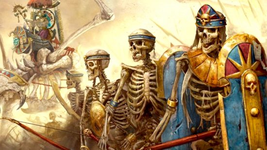 Warhammer Tomb Kings The Old World guide - Games Workshop image showing the front line of a Tomb Kings army, with shielded skeleton spearmen and a necrolith bone dragon