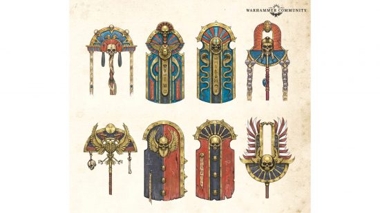 Warhammer Tomb Kings The Old World guide - Games Workshop image showing concept art for various styles of Tomb Kings shields and battle standards