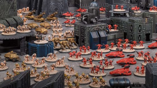 Two large armies face off in Warpath, a small scale wargame like Epic 40k