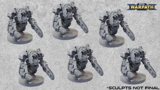 3D renders of a group of large mechanised walkers from for Warpath, a small scale wargame like Epic 40k
