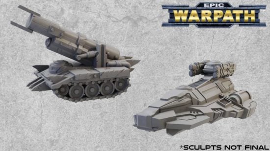 3D renders of a self-propelled artillery vehicle and an anti-grav tank for Warpath, a small scale wargame like Epic 40k