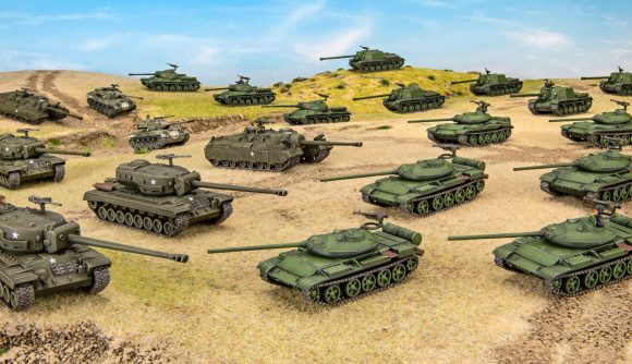 WW2 wargame Clash of Steel, American vs Soviet starter set - two large tank companies engage at point blank range