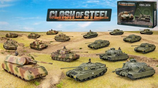 WW2 wargame Clash of Steel, German vs British starter set - two large tank companies engage at point blank range