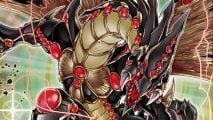 Yugioh artwork showing a giant brown and red dragon