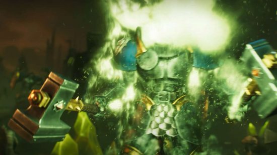 Age of Sigmar 4th edition trailer - a Stormcast Liberator in Thunderstrike armor wielding two hammers is immolated