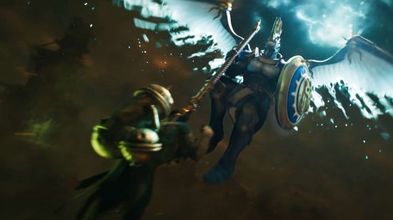 Age of Sigmar 4th edition trailer - a Stormcast prosecutor impales a Skaven ratman on a spear, then leaps into the air