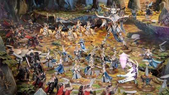 Age of Sigmar double turn - the Lumineth Realm Lords elves battle line advances, followed by a giant mountain spirit minotaur