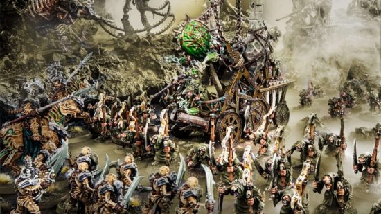Age of Sigmar double turn - a horde of Skaven plague monks push a massive scaffold platform carrying a giant censer of warpstone towards a line of Ossiarch skeleton constructs