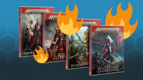 Age of Sigmar 4th edition battletomes on fire, indicating the fact they'll leave the range soon