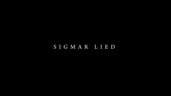 Age of Sigmar 4th edition trailer - the phrase "SIGMAR LIED" in white letters on a black sceren