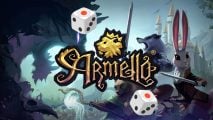 Armello board game - the logo for Armello, a lion's head with the word Armello in regal text, superimposed over heroic animal-people - two dice appear in the foreground
