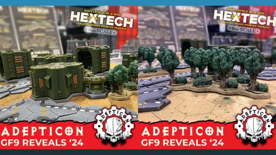 Hextech Battletech terrain, two pictures, one of a set of trees, another of cargo at a dropsite, each mounted to a hex grid