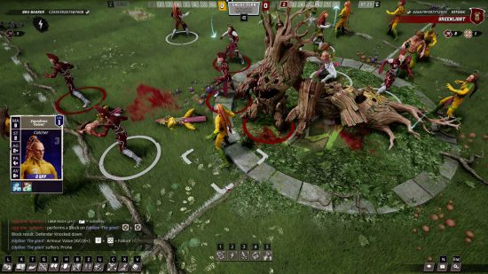 Blood Bowl 3 Wood Elves screenshot - a gameplay screenshot, showing two teams of Wood Elves, some standing, some unconcscious, on a grassy field