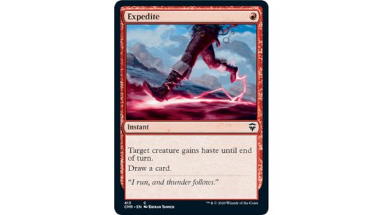 Budget Commander decks - the MTG card Expedit, close up on a person's legs as they run, with red lightning crackling from their soles