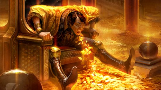 Budget Commander Decks - card art from Greed by Izzy, showing a young man in golden robes on a golden throne in a gold-strewn treasure room vomiting coins onto the floor