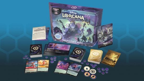 DIsney Lorcana set Illumineer's Quest: Deep Trouble - a boxed game containing many Lorcana cards