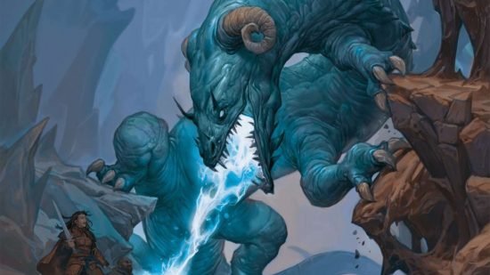 DnD 50th Anniversary adventure Lost Caverns of Tsojcanth - a huge blue behir, a many-legged serpentine creature with rams horns, breathes lightning at a startled adventurer