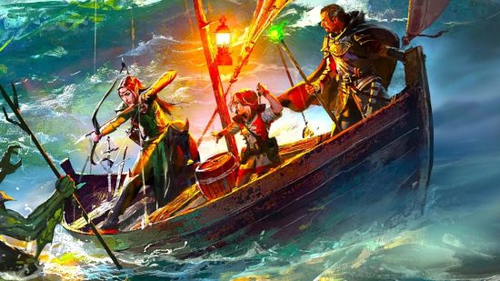 Wizards of the Coast art of a DnD Arcane Archer 5e and two allise fighting sea monsters on a boat