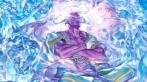 DnD book Quests from the Infinite Staircase cover art - a purple djinn with white hair folds his arms, surrounded by spiralling blue vapors