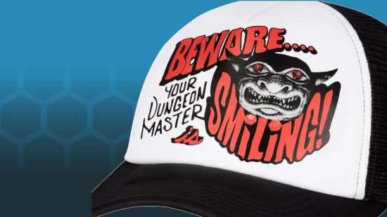 DnD converse hat - a white cap with a black brim, the words "Beware your dungeon master is smiling", and a screen print version of a golem