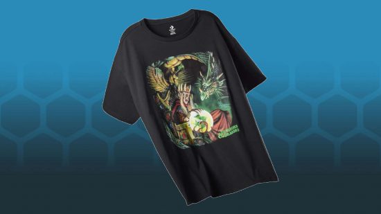 Black DnD Converse T-shirt with an art print of a Wizard and a green dragon pondering an orb