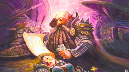 DnD death saves 5e - Wizards of the Coast art of a dwarf cleric healing an elf