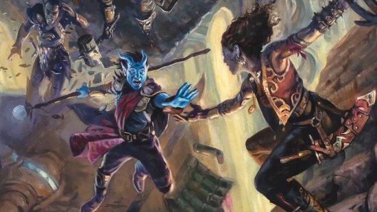 DnD death saves 5e - Wizards of the Coast art of adventurers making a daring leap