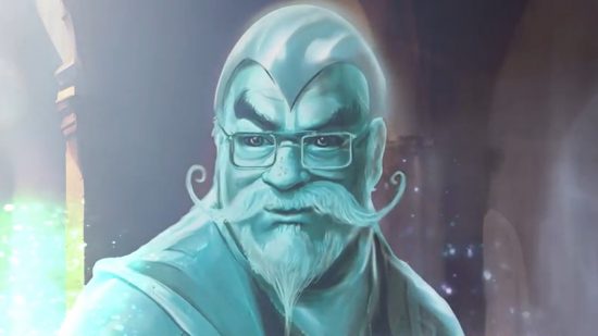 A ghostly wizard who looks suspiciously like the DnD co-creator Gary Gygax