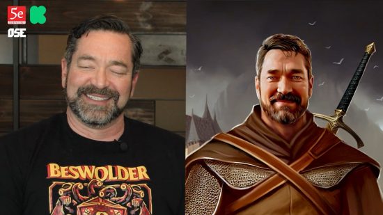 Luke Gygax next to artwork of a DnD NPC, clearly designed to look like him.