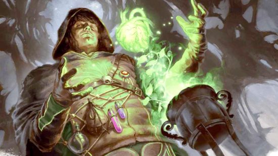 DnD Healing Spirit spell guide - Wizards of the Coast artwork showing a druid casting healing magic using a cauldron and floating, glowing green heart
