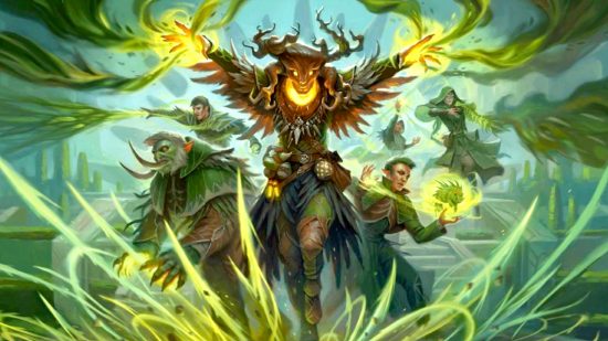 DnD Healing Spirit spell guide - Wizards of the Coast artwork showing druids in a party casting bright green spells in all directions