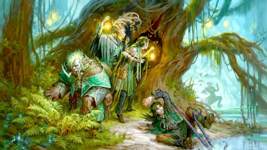 DnD Healing Spirit spell guide - Wizards of the Coast artwork showing a party of rangers in a swamp holding lanterns