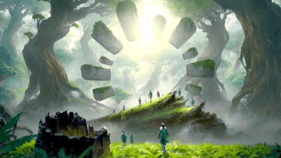 DnD Healing Spirit spell guide - Wizards of the Coast artwork showing druids travelling through a huge forest towards a huge stone gateway of floating menhirs