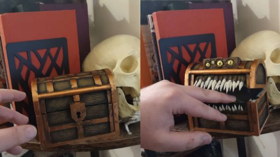 Two photos of a DnD mimic chest model, one of them a closed chest, the other with fangs and eyes popped out, biting a person's hand