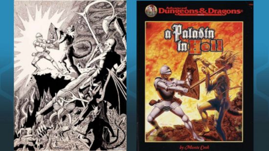 A Paladin in Hell artwork that has inspired DnD miniatures - two renderings of the same scene, one in black and white lineart, the other full color painting, showing a paladin in full plate mail battling a fiend
